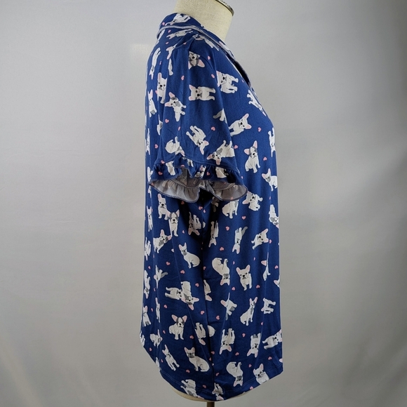 René Rofé French Bulldog Print PJ Set Short Sleeve Top Shorts Navy White L NWT - Picture 6 of 12